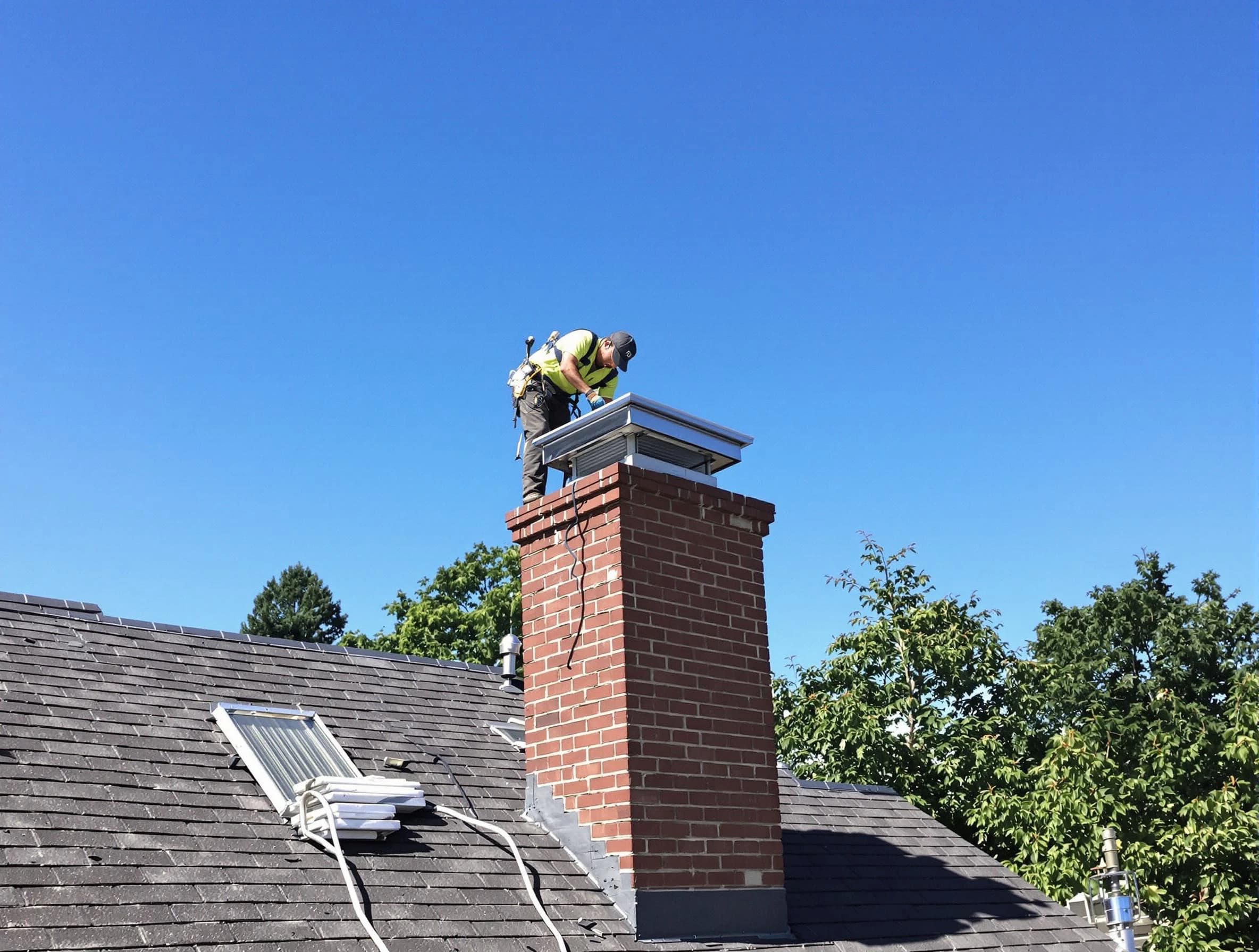 Lafayette Chimney Sweep technician measuring a chimney cap in Lafayette, TN