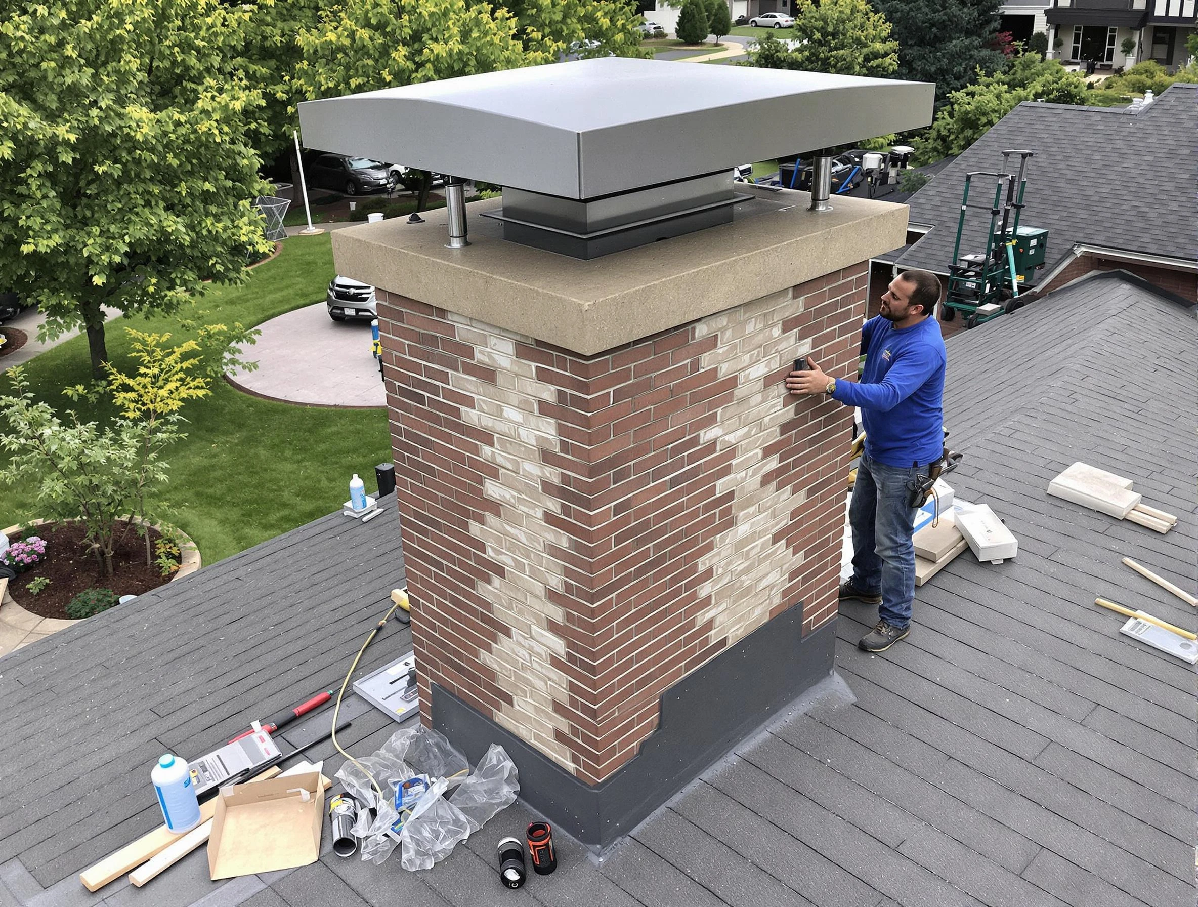 Lafayette Chimney Sweep team working on a custom chimney remodel in Lafayette, TN